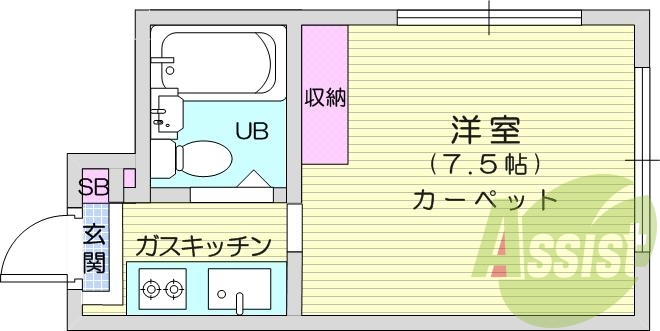 1K、給湯器、ガスコンロ設置、モニタ付きインターホン