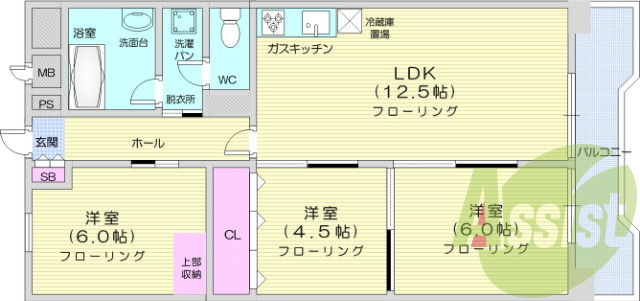 3LDK、都市ガス、エレベーター、エアコン