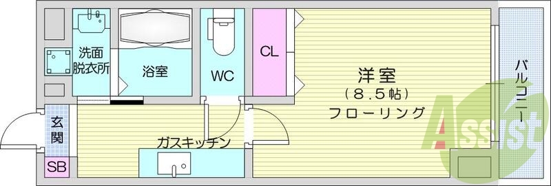 1K、バストイレ別、ウォシュレット付き、都市ガス