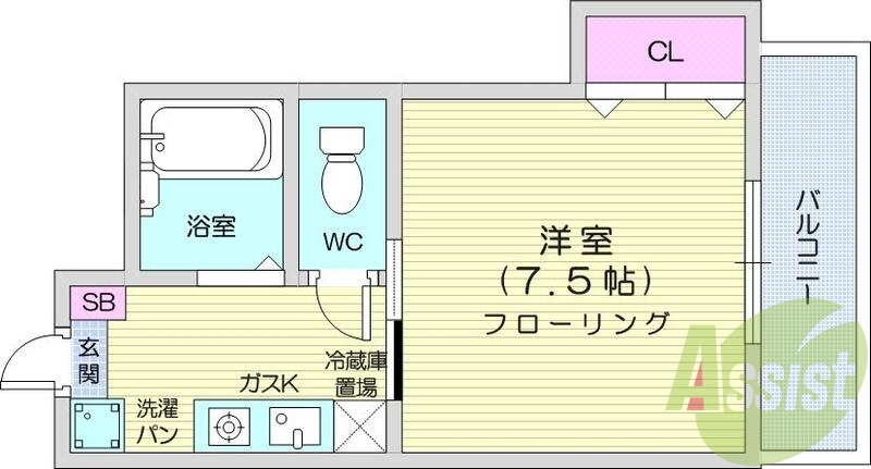 1K・バストイレ別、エアコン、フローリング、照明器具