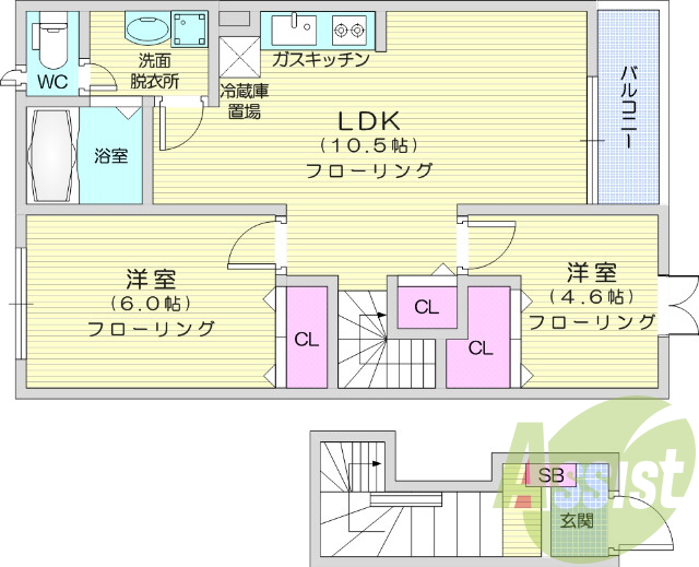 2LDK、フローリング、追い焚き、エアコン、TVインターホン