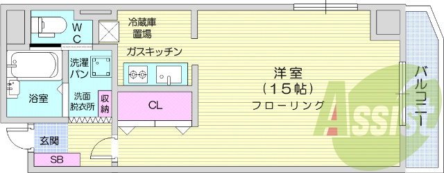 1R、都市ガス、エアコン、エレベーター