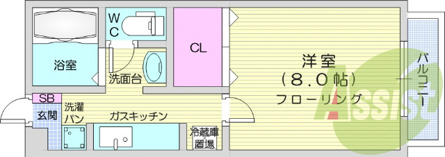 1K、エアコン、居室照明、洗面台独立、バストイレ別