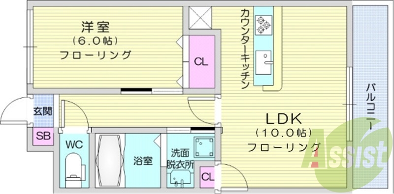 1LDK、インターホン、カウンターキッチン、洗髪洗面化粧台