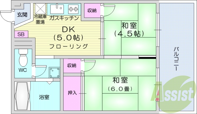 2DK、B・T別、ガスコンロ可、シューズボックス