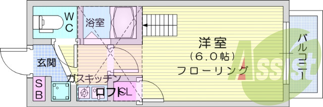 １Ｋ、バストイレ別、ＴＶインターホン、エアコン、ロフト