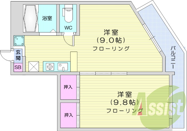 １LDK、シャワー、エアコン、トイレ、シューズボックス。