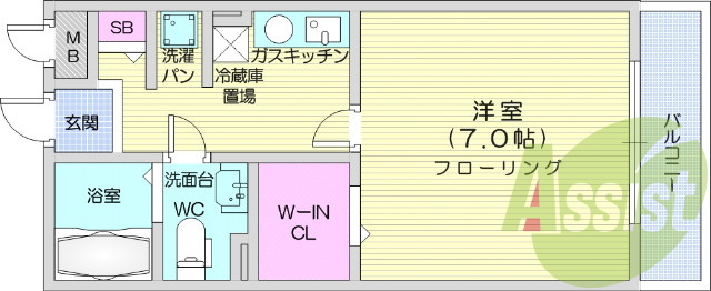 1K、南向き、オートロック、バストイレ別、BS端子