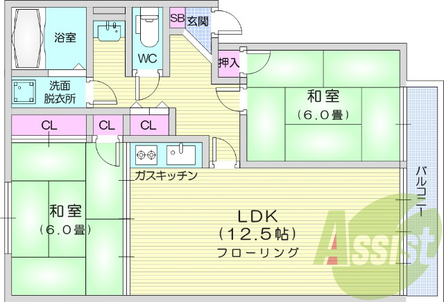 2LDK、B/T別、シャワー、洗面台、都市ガス、エアコン。