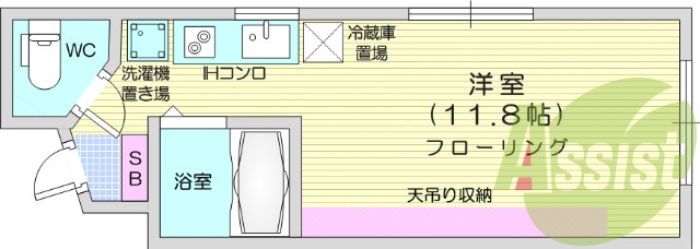 ワンルーム、IH付、モニターホン、天吊り収納、フローリング