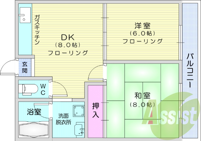 2DK、バス・トイレ別、独立洗面台、火災報知器、エアコン