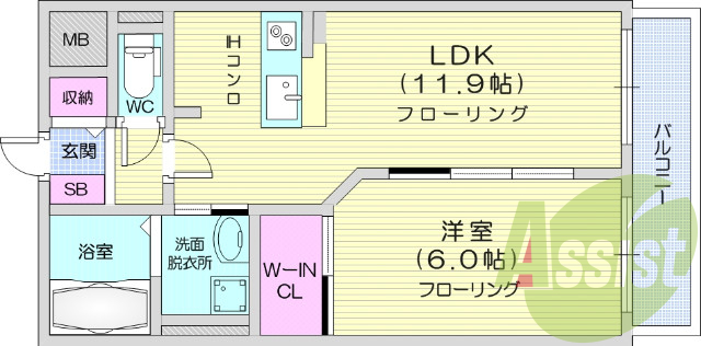 1LDK、独立洗面台、追い炊き、IHクッキングヒーター