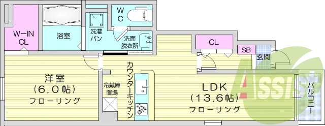 1LDK、カウンターキッチン、独立洗面台、バストイレ別