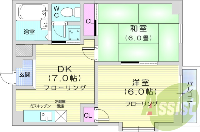 2DK、追い炊き機能付き浴室、バストイレ別