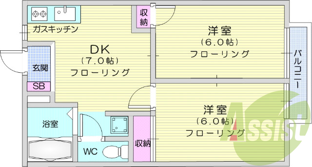 2DK、フローリング、バルコニー、