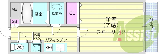 1K、エアコン、室内出窓有、バス・トイレ別、室内洗濯機置場