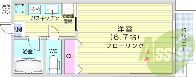 1K、バス・トイレ別、エアコン、バルコニー