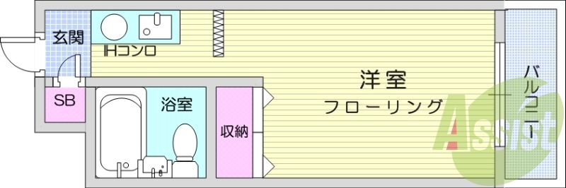 1R、フローリング、エアコン、都市ガス。
