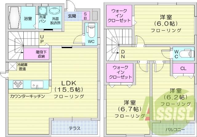 3LDK、ウォークインクローゼット、カウンターキッチン