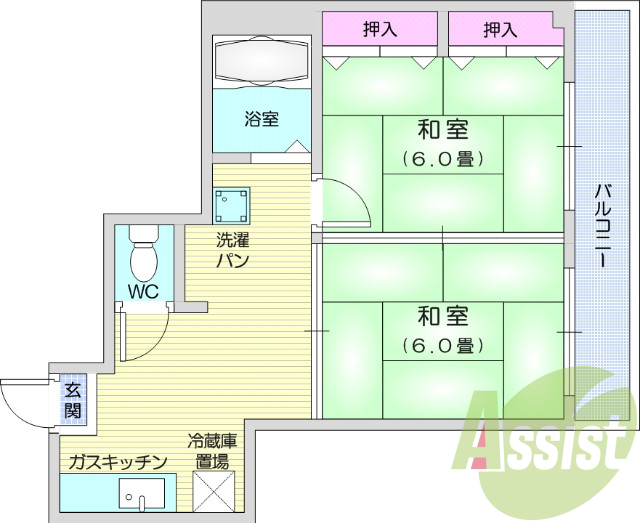 2DK、押し入れ、バストイレ別、ペット可、事務所可