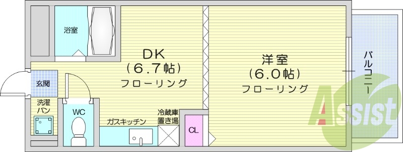 １DK　バルコニー付きで陽当たり良好です。バストイレ別で快適
