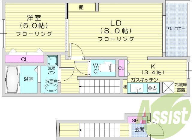 1LDK、シャンプードレッサー、バストイレ別