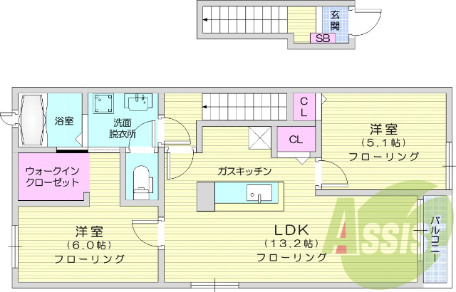 2LDK、角部屋、浴室乾燥機、追い焚き、二人入居可