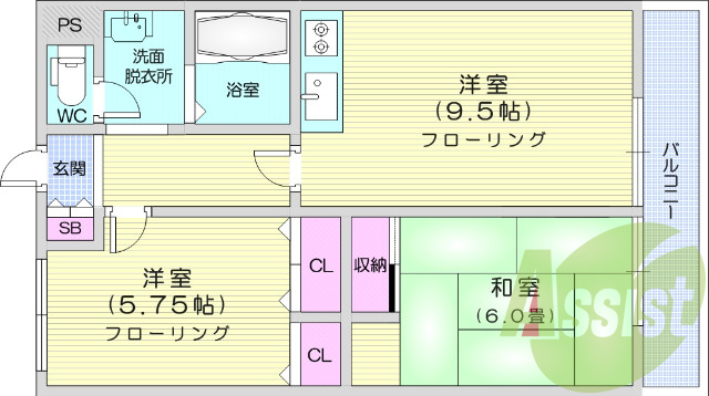 ２Dk、バルコニー、洗面所独立、クローゼット