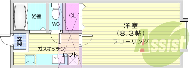1ｋ、エアコン、バストイレ別、室内洗濯機置き場