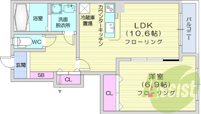 1LDK、オール電化、インターネット無料、カウンターキッチン
