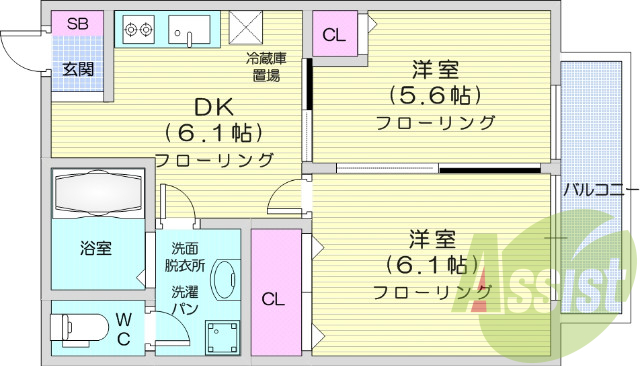 2ＤＫ、フローリング、独立洗面台、温水洗浄便座機能