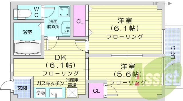 2DK、フローリング、独立洗面台、温水洗浄便座機能