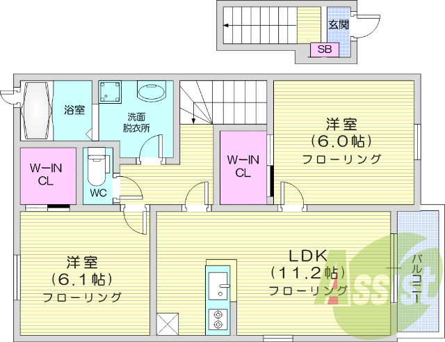 2LDK、室内洗濯機置き場、モニター付きインターホン