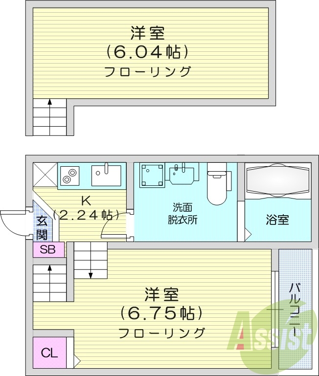 1K、システムキッチン、ロフト付き、独立洗面化粧台、エアコン