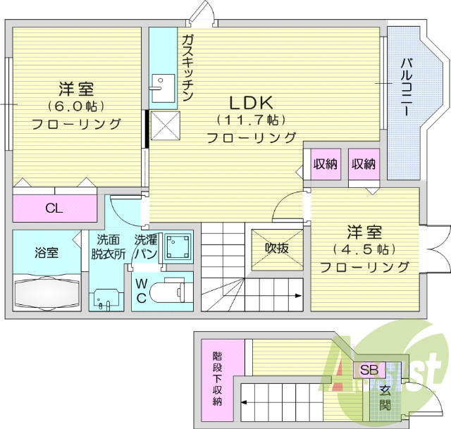 2LDK、エアコン、独立洗面台、バルコニー、BS端子