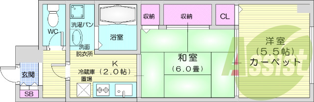 2Ｋ、都市ガス、独立洗面台、収納4か所以上。