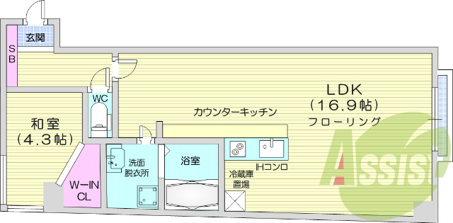 1LDK、都市ガス、独立洗面台、収納4か所以上。