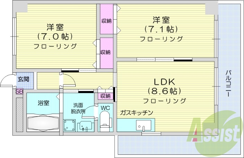2LDK、ペット飼育可能、オートロック、独立洗面台、エアコン