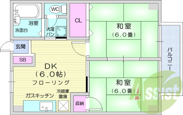 2DK、角部屋。室内洗濯機置き場。バストイレ別。