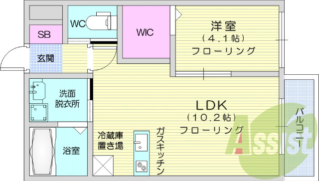 1LDK、ウォークインCL、カウンターキッチン、ペット相談可