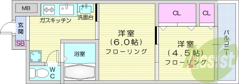 2K、バス・トイレ別、ペット相談、クローゼット、エアコン