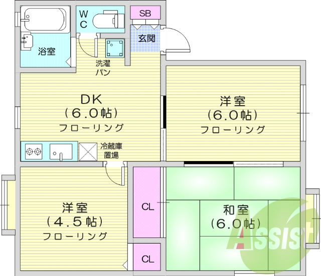 3DK、角部屋、フローリング、エアコン、南向き