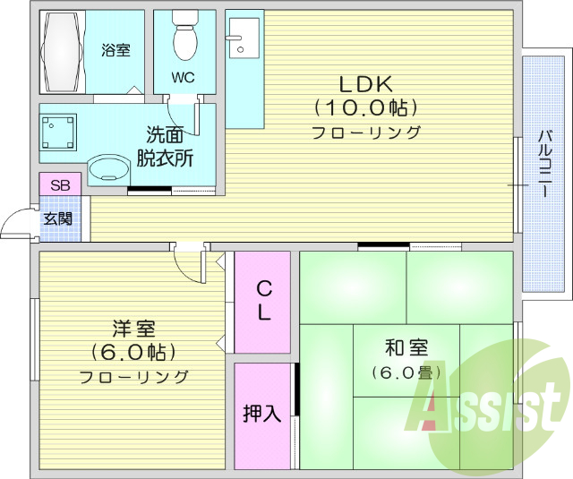 2LDK、エアコン、バストイレ別、洋室、洗面台