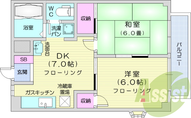 2ＤＫ、バストイレ別、バルコニー、エアコン