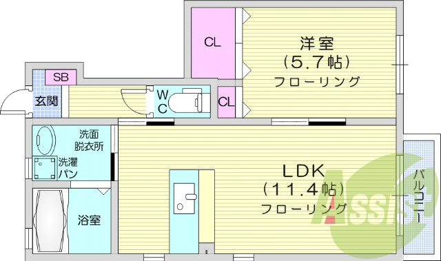 1LDK、対面式キッチン、対面式キッチン、バストイレ別