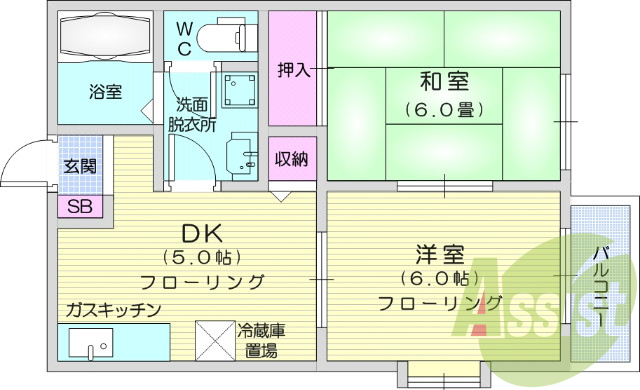 バス・トイレ別、洗髪洗面化粧台、南向き