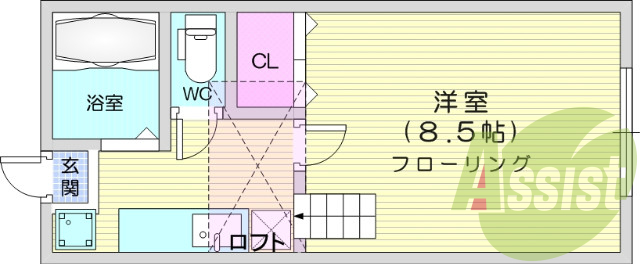 1K、南向き、ロフト、バストイレ別、照明器具。