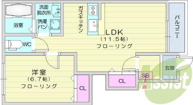 1LDK、カウンターキッチン、クローゼット、シューズボックス