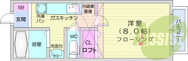 1K、ロフト、角部屋、独立洗面台、バストイレ別