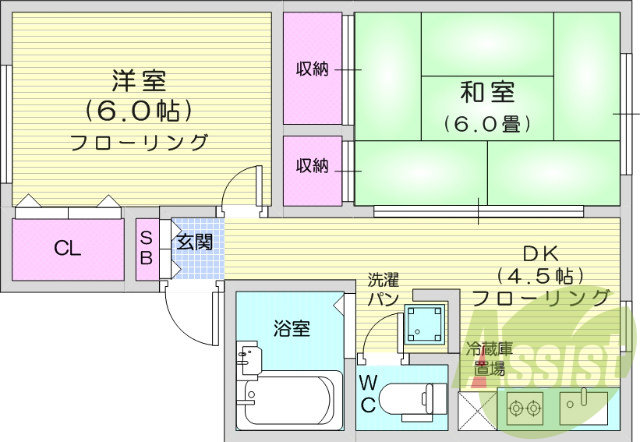 2K、エアコン、バストイレ別、フローリング